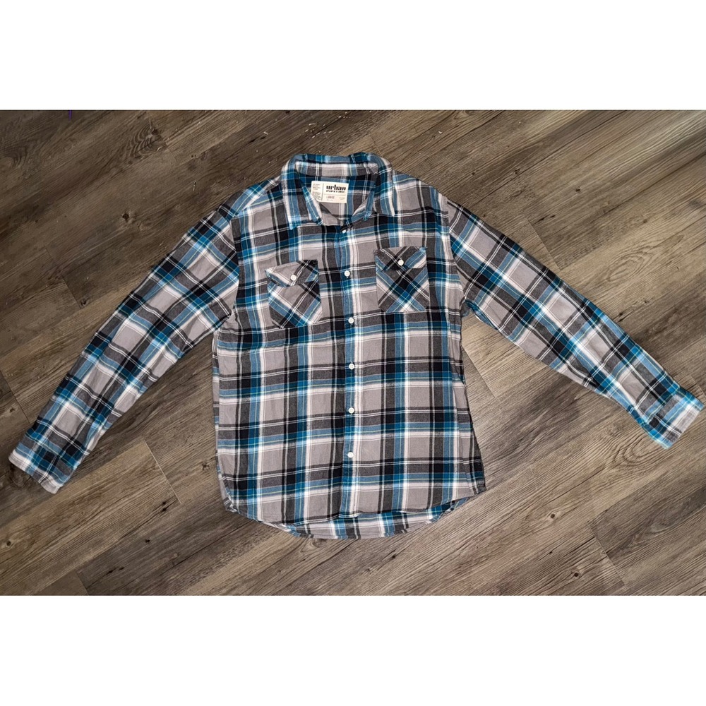 Urban Pipeline Mens Flannel Shirt Large Blue Grey Plaid Long Sleeve Button Down